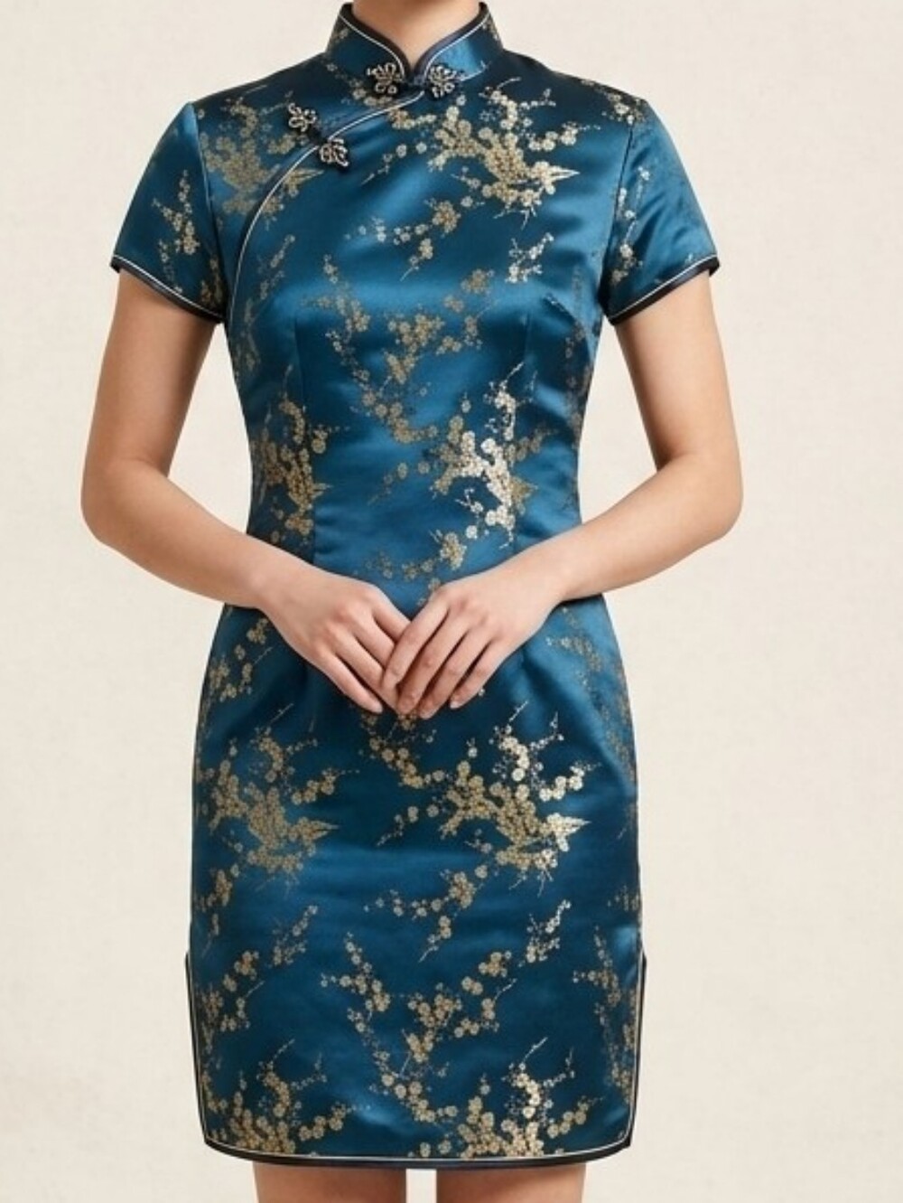 Vintage Silk Teal Blue Cheongsam Qipao Mini Dress Gold Floral Embroidery M